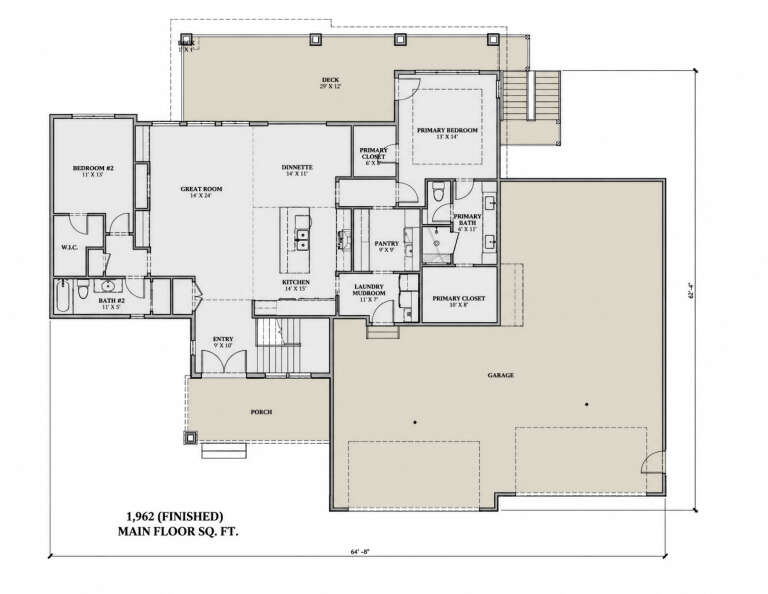 Main Floor: 2BR, 2BA, Great Room, Kitchen, Dinette, Pantry, Ldry/Mud, WIC, Garage, Porch, Deck, Stairs. Unheated: Garage/Deck. House Plan # 7140-00030 Main Floor  Floor Plan Drawing by America's Best House Plans, Inc.