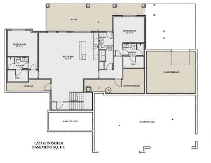 Basement: 2BR, 2BA, Rec Room, Cabana Bath, 2 WIC, Stairs, Patio, Lake Storage, Storage/Mech, Unexcavated areas. 1533 sq ft. House Plan # 7140-00030 Basement Floor Plan Drawing by America's Best House Plans, Inc.