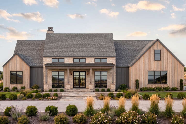 Tan and grey, Front Elevation with stone and vertical wood siding, metal roof porch, black windows, and desert landscaping. House Plan # 7983-00211 Digital Rendering by America's Best House Plans, Inc.