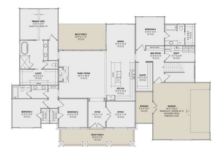 Main Floor: 4BR, 3.5BA, Office, Family, Dining, Kitchen, Pantry, Mud, Ldry, 3-car garage, Porches, Fireplace, Vaulted ceilings. House Plan # 7983-00211 Main Floor  Floor Plan Drawing by America's Best House Plans, Inc.