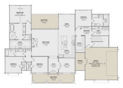 Main Floor: 4BR, 3BA, Family, Kitchen, Dining, Office, Pantry, Mud, Ldry, 3-car garage, 2 porches, WIC, vaulted ceiling. House Plan # 7983-00212 Main Floor  Floor Plan Drawing by America's Best House Plans, Inc.