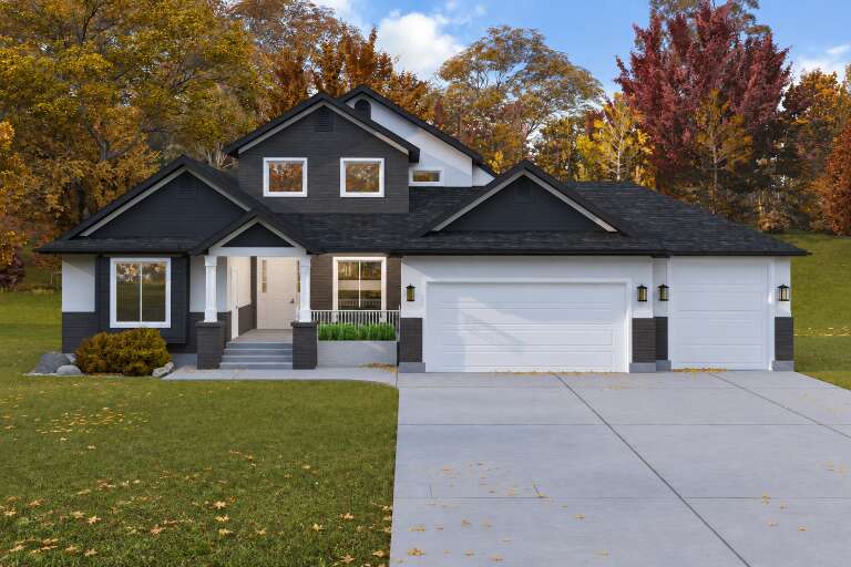 Black and white Craftsman, Front Elevation, brick and siding, white garage doors, lantern lights, autumn landscaping. House Plan # 2802-00581 Digital Rendering by America's Best House Plans, Inc.