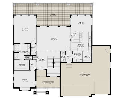 Main Floor: 1BR, 2BA, Office, Family, Kitchen, Dining, Pantry, Ldry, 3-car garage, Stairs, Covered Porch, Deck, Master WIC. House Plan # 2802-00581 Main Floor  Floor Plan Drawing by America's Best House Plans, Inc.