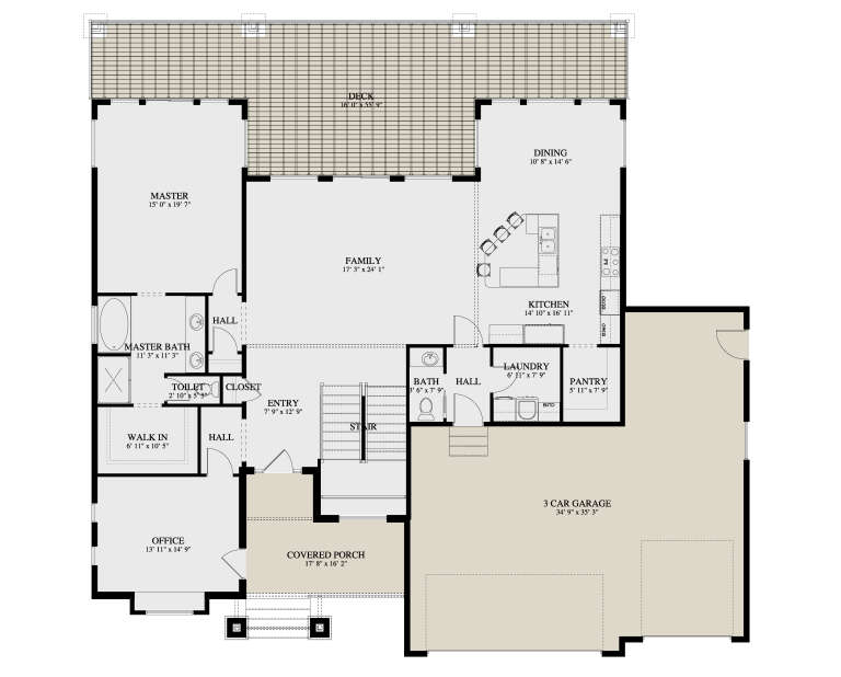 Main Floor: 1BR, 2BA, Office, Family, Kitchen, Dining, Pantry, Ldry, 3-car garage, Stairs, Covered Porch, Deck, Master WIC. House Plan # 2802-00581 Main Floor  Floor Plan Drawing by America's Best House Plans, Inc.