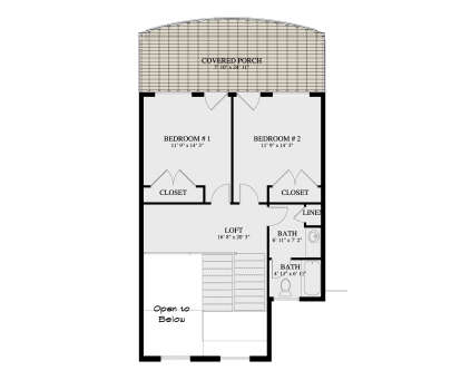 Second Floor: 2 BR, 1 BA, Loft, 2 Closets, Linen closet, Stairs, Open to below, Covered porch. Unheated: covered porch area. House Plan # 2802-00581 Second Floor Floor Plan Drawing by America's Best House Plans, Inc.