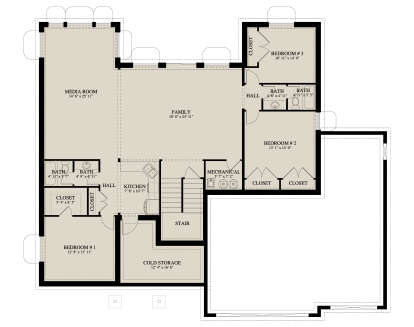 Basement: 3BR, 3BA, Media Room, Family, Kitchen, Mechanical, Cold Storage, Stairs, Closets. Unheated: Cold Storage area. House Plan # 2802-00581 Basement Floor Plan Drawing by America's Best House Plans, Inc.