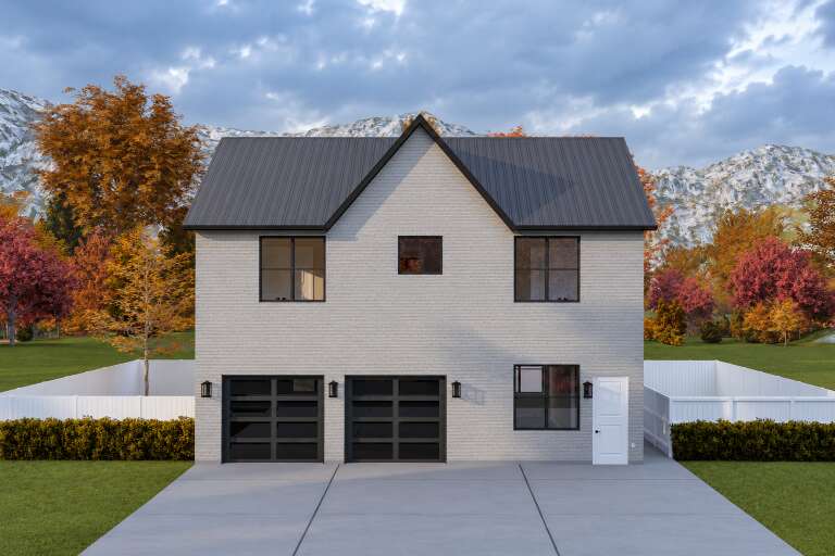Grey Contemporary Front Elevation, brick siding, metal roof, black garage doors, wall sconces, concrete drive, mountains. House Plan # 2802-00582 Digital Rendering by America's Best House Plans, Inc.