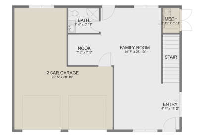 Main Floor: 1 Bath, Family Room, Nook, Entry, Mech room, Stairs. 2-car garage. Unheated: garage area. House Plan # 2802-00582 Main Floor  Floor Plan Drawing by America's Best House Plans, Inc.