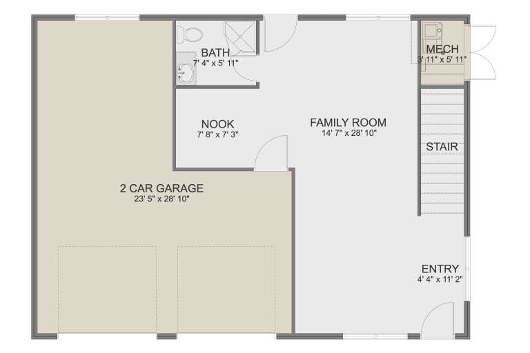 Main Floor: 1 Bath, Family Room, Nook, Entry, Mech room, Stairs. 2-car garage. Unheated: garage area. House Plan # 2802-00582 Main Floor  Floor Plan Drawing by America's Best House Plans, Inc.