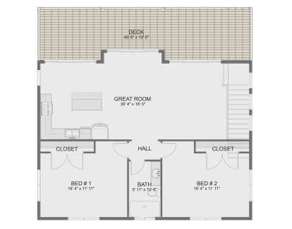 Second Floor: 2 Bed, 1 Bath, open Great Room with Kitchen, Hall, 2 Closets, Stairs, large Deck. Unheated: Deck area. House Plan # 2802-00582 Second Floor Floor Plan Drawing by America's Best House Plans, Inc.