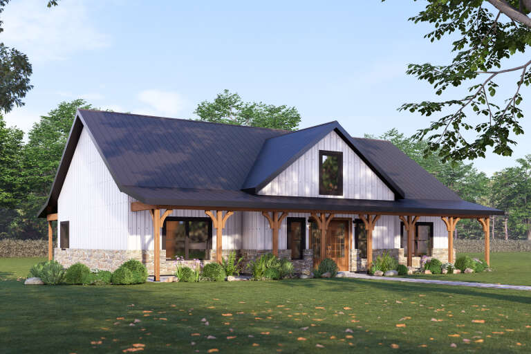 White Modern Farmhouse, Angled Front Elevation, board-and-batten siding, stone base, timber porch, metal roof, landscaping. House Plan # 3822-00037 Digital Rendering by America's Best House Plans, Inc.