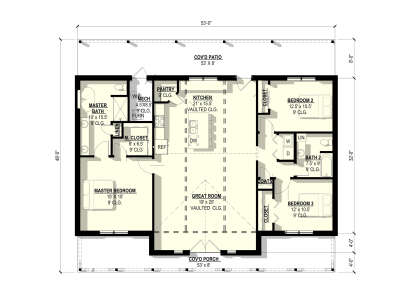 Main Floor: 3BR, 2BA, Vaulted Great Room & Kitchen, Pantry, Ldry, WIC, Cov'd Patio, Cov'd Porch, 9' ceilings throughout. House Plan # 3822-00037 Main Floor  Floor Plan Drawing by America's Best House Plans, Inc.