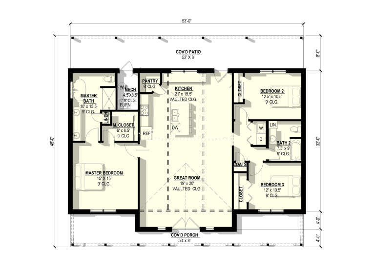 Main Floor: 3BR, 2BA, Vaulted Great Room & Kitchen, Pantry, Ldry, WIC, Cov'd Patio, Cov'd Porch, 9' ceilings throughout. House Plan # 3822-00037 Main Floor  Floor Plan Drawing by America's Best House Plans, Inc.