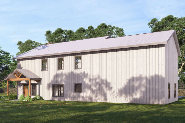 Grey Barndominium, Angled Front Elevation, metal siding, timber porch, dark window frames, and lush green landscaping. House Plan # 3822-00038 Digital Rendering by America's Best House Plans, Inc.