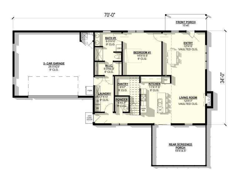 Main Floor: 1BR, 1.5BA, Vaulted Entry/Living, Kitchen, Pantry, Ldry, 2-car garage, WIC, Front Porch, Rear Screened Porch. House Plan # 3822-00038 Main Floor  Floor Plan Drawing by America's Best House Plans, Inc.
