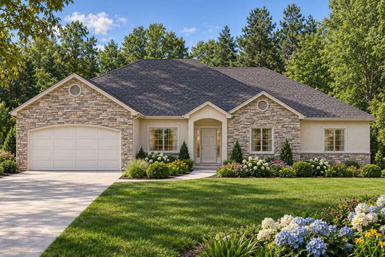 Tan Traditional Front Elevation, stone and stucco siding, arched entryway, concrete driveway, lush garden landscaping. House Plan # 8768-00239 Digital Rendering by America's Best House Plans, Inc.