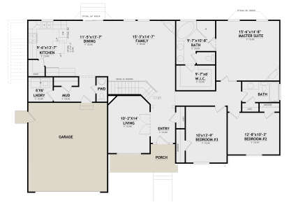 Main Floor: 3BR, 2.5BA, Kitchen, Dining, Family, Living, Entry, Ldry, Mud, 2-car garage, Porch, WIC, 9' ceilings, stairs. House Plan # 8768-00239 Main Floor Floor Plan Drawing by America's Best House Plans, Inc.