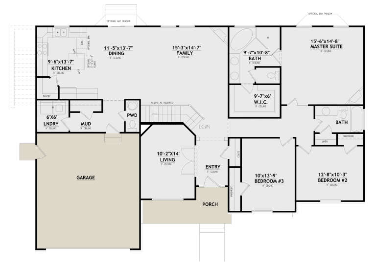 Main Floor: 3BR, 2.5BA, Kitchen, Dining, Family, Living, Entry, Ldry, Mud, 2-car garage, Porch, WIC, 9' ceilings, stairs. House Plan # 8768-00239 Main Floor Floor Plan Drawing by America's Best House Plans, Inc.