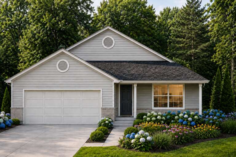 Grey Traditional Front Elevation, horizontal siding, stone base, circular vents, lit window, and lush floral landscaping. House Plan # 8768-00240 Digital Rendering by America's Best House Plans, Inc.
