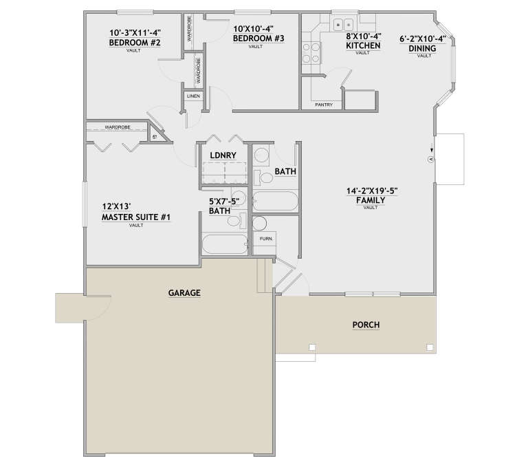 Main Floor: 3BR, 2BA, vaulted Family, Kitchen, Dining, Ldry, Pantry. Garage, Porch. Vaulted ceilings in all bedrooms. House Plan # 8768-00240 Main Floor Floor Plan Drawing by America's Best House Plans, Inc.