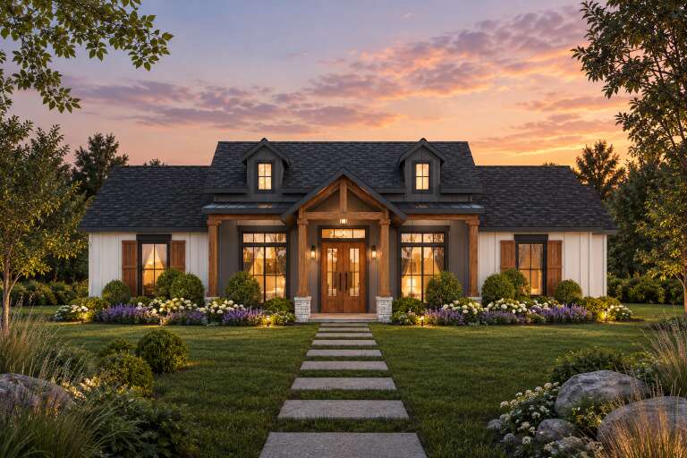 White and Charcoal, Front Elevation at dusk, board-and-batten siding, timber porch, stone base, lit path, lush garden. House Plan # 8372-00007 Digital Rendering by America's Best House Plans, Inc.