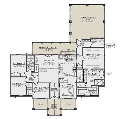 Main Floor: 4BR, 2.5BA, Kitchen, Dining, Vaulted Living, Mud, Ldry. Carport, Porch, Outdoor Living. Tray/Vaulted ceilings. House Plan # 8372-00007 Main Floor Floor Plan Drawing by America's Best House Plans, Inc.