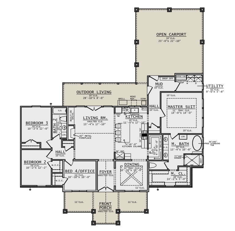 Main Floor: 4BR, 2.5BA, Kitchen, Dining, Vaulted Living, Mud, Ldry. Carport, Porch, Outdoor Living. Tray/Vaulted ceilings. House Plan # 8372-00007 Main Floor Floor Plan Drawing by America's Best House Plans, Inc.