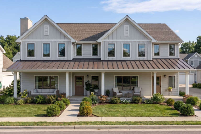 Grey Modern Farmhouse, Front Elevation with metal roof, board-and-batten siding, porch seating, and manicured landscaping. House Plan # 963-01337 Digital Rendering by America's Best House Plans, Inc.