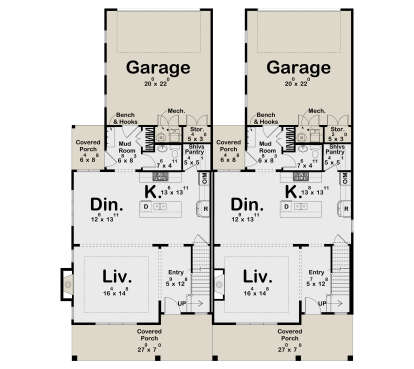 Main Floor: Duplex, 2-car garages, Living, Dining, Kitchen, Pantry, Mud room, 1/2 Bath, 2 Covered Porches, Stairs. House Plan # 963-01337 Main Floor  Floor Plan Drawing by America's Best House Plans, Inc.