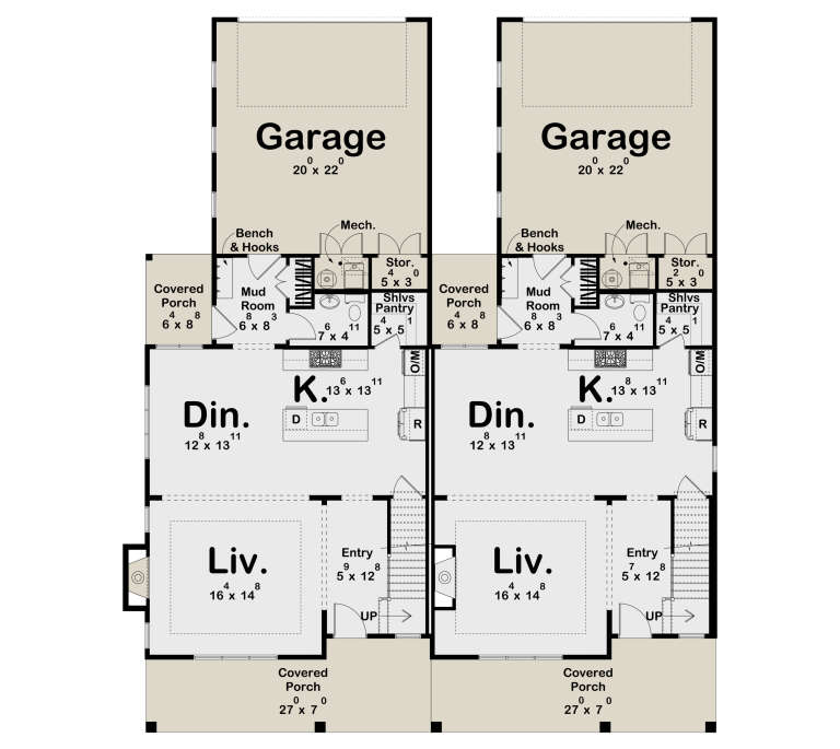 Main Floor: Duplex, 2-car garages, Living, Dining, Kitchen, Pantry, Mud room, 1/2 Bath, 2 Covered Porches, Stairs. House Plan # 963-01337 Main Floor  Floor Plan Drawing by America's Best House Plans, Inc.
