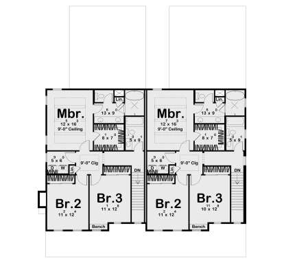 Second Floor: 6 BR, 4 BA, 2 Ldry, 2 Mbr suites with WIC & baths, stairs. 9' ceilings. Duplex layout. House Plan # 963-01337 Second Floor Floor Plan Drawing by America's Best House Plans, Inc.