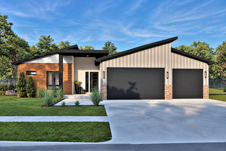 White Modern Front Elevation, vertical metal siding, wood accents, stone base, black garage doors, and lush landscaping. House Plan # 7140-00031 Digital Rendering by America's Best House Plans, Inc.