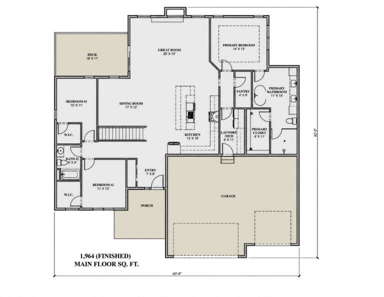 Main Floor: 3BR, 2BA, Great Room, Dining, Kitchen, Pantry, Ldry/Mud, 2-car garage, Deck, Porch, Stairs, 2 WICs. House Plan # 7140-00031 Main Floor  Floor Plan Drawing by America's Best House Plans, Inc.
