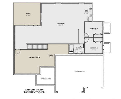 Basement: 2 BR, 1 BA, Rec Room, Wet Bar, Storage/Mech, Stairs, Patio. Unheated: Storage, Mech, Unexcavated areas. House Plan # 7140-00031 Basement Floor Plan Drawing by America's Best House Plans, Inc.