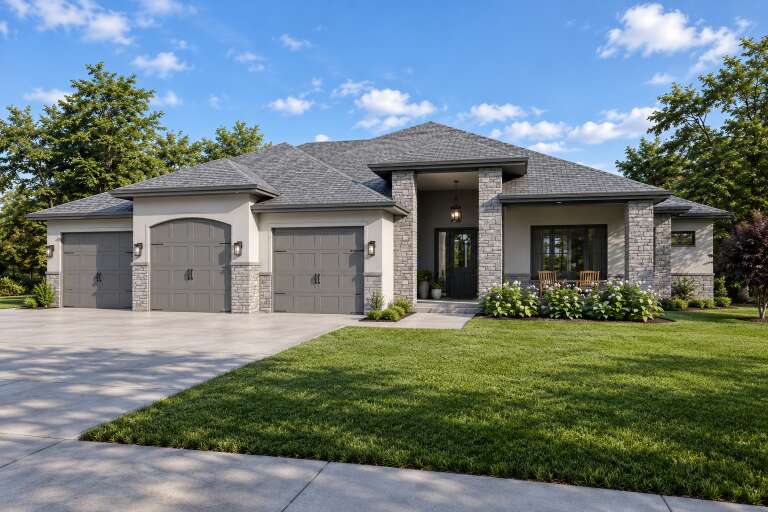 Grey Contemporary, Angled Front Elevation, stone veneer, stucco siding, three-car garage, porch lighting, lush lawn. House Plan # 7140-00032 Digital Rendering by America's Best House Plans, Inc.