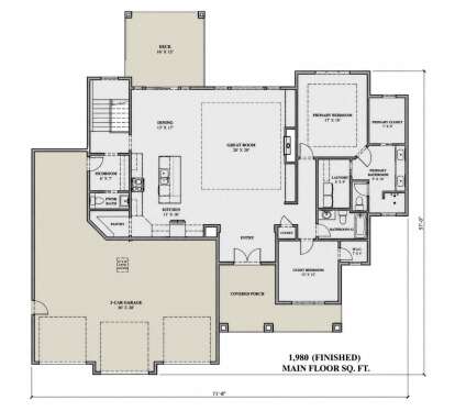 Main Floor: 2BR, 2.5BA, Great Room, Dining, Kitchen, Pantry, Ldry, Mudroom, 3-car garage, Deck, Covered Porch, WICs, Stairs. House Plan # 7140-00032 Main Floor  Floor Plan Drawing by America's Best House Plans, Inc.