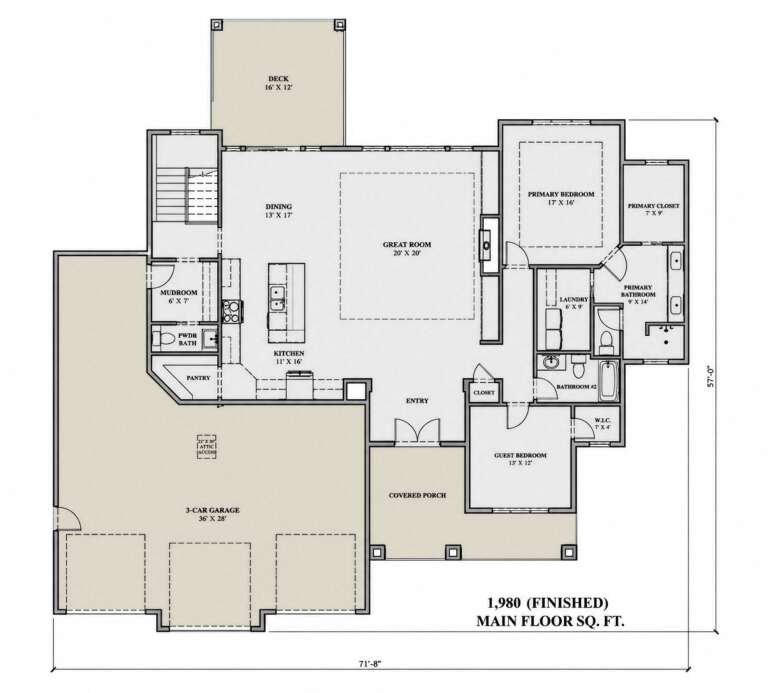 Main Floor: 2BR, 2.5BA, Great Room, Dining, Kitchen, Pantry, Ldry, Mudroom, 3-car garage, Deck, Covered Porch, WICs, Stairs. House Plan # 7140-00032 Main Floor  Floor Plan Drawing by America's Best House Plans, Inc.