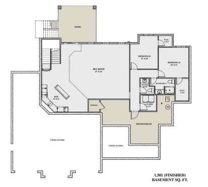 Basement: 2BR, 1.5BA, Rec Room, Bar, Ldry, WIC, stairs, patio, storage, mech room. Unheated: unexcavated areas, mech/storage. House Plan # 7140-00032 Basement Floor Plan Drawing by America's Best House Plans, Inc.