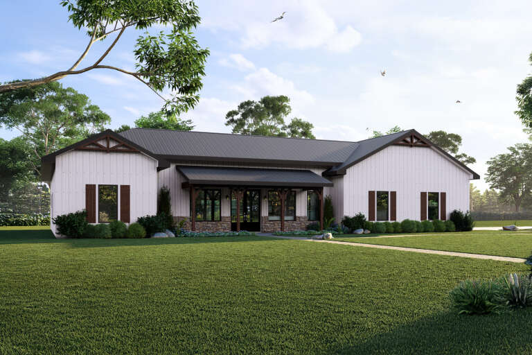 White Modern Farmhouse, Angled Front Elevation, board-and-batten siding, stone base, metal roof, wood accents, lawn. House Plan # 3822-00040 Digital Rendering by America's Best House Plans, Inc.