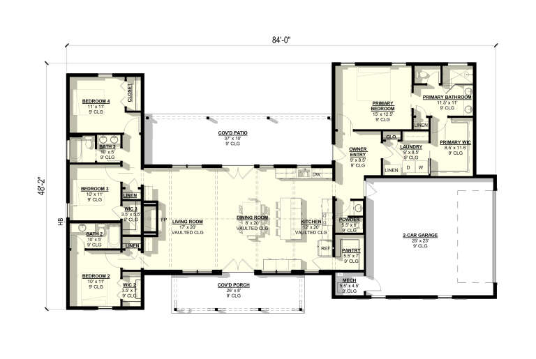 Main Floor: 4BR, 3.5BA, Vaulted Living/Dining/Kitchen, Pantry, Ldry, 2-car garage, Cov'd Patio & Porch, FP, WICs. 9' ceilings. House Plan # 3822-00040 Main Floor  Floor Plan Drawing by America's Best House Plans, Inc.