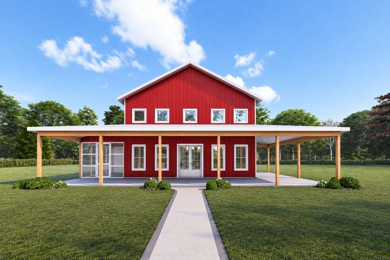 Red Barn, Front Elevation with vertical siding, wrap-around wooden porch, concrete patio, and landscaped green lawn. House Plan # 3822-00041 Digital Rendering by America's Best House Plans, Inc.
