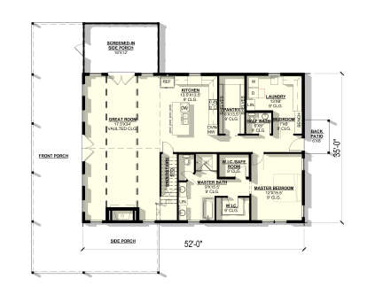 Main Floor: 1BR, 1.5BA, Vaulted Great Rm, Kitchen, Pantry, Ldry, Mudroom, 2 WICs, Stairs, 2 Porches, Patio. 9' ceilings. House Plan # 3822-00041 Main Floor  Floor Plan Drawing by America's Best House Plans, Inc.