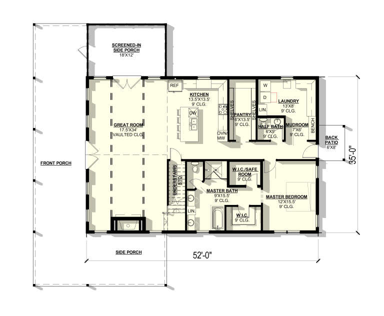 Main Floor: 1BR, 1.5BA, Vaulted Great Rm, Kitchen, Pantry, Ldry, Mudroom, 2 WICs, Stairs, 2 Porches, Patio. 9' ceilings. House Plan # 3822-00041 Main Floor  Floor Plan Drawing by America's Best House Plans, Inc.