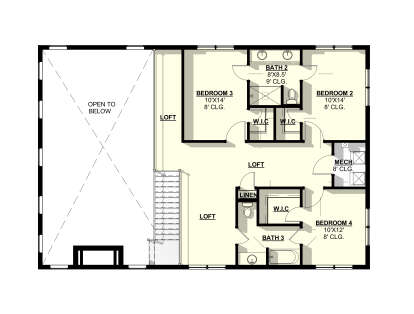 Second Floor: 3 BR, 2 BA, Loft, Open to Below, 3 WIC, Linen closet, Mech room, Stairs. 8' and 9' ceilings. House Plan # 3822-00041 Second Floor Floor Plan Drawing by America's Best House Plans, Inc.