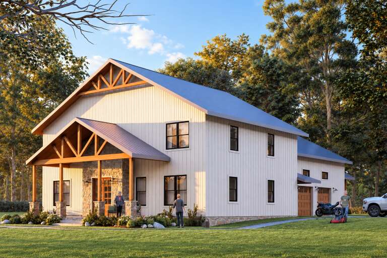White Barndominium, Angled Front Elevation, board-and-batten siding, stone accents, timber trusses, metal roof, landscaping. House Plan # 3822-00042 Digital Rendering by America's Best House Plans, Inc.