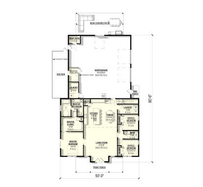 Main Floor: 3BR, 2.5BA, Kitchen, Dining, Vaulted Living, 2 Ldry, Office, Shop/Garage, Dog Run, Covered Patio, 2 Porches. House Plan # 3822-00042 Main Floor  Floor Plan Drawing by America's Best House Plans, Inc.