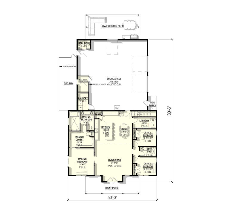 Main Floor: 3BR, 2.5BA, Kitchen, Dining, Vaulted Living, 2 Ldry, Office, Shop/Garage, Dog Run, Covered Patio, 2 Porches. House Plan # 3822-00042 Main Floor  Floor Plan Drawing by America's Best House Plans, Inc.