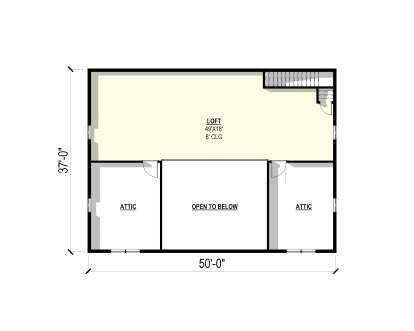 Loft level, 49'x18' Loft, 8' ceiling, stairs, two large attic storage areas, open to below. Unheated: attic areas. House Plan # 3822-00042 Loft Floor Plan Drawing by America's Best House Plans, Inc.