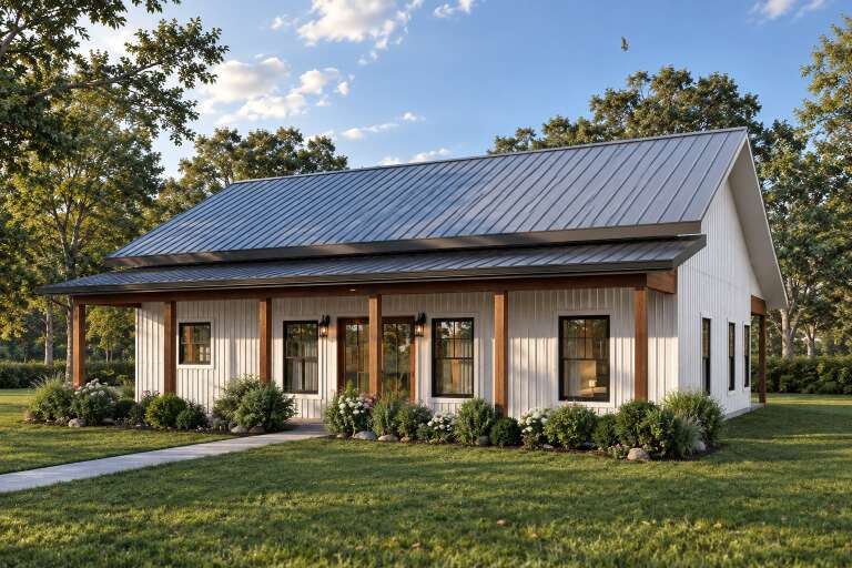 White board-and-batten, Angled Front Elevation, metal roof, wood porch posts, black fixtures, lush landscaping, walkway. House Plan # 3822-00043 Digital Rendering by America's Best House Plans, Inc.