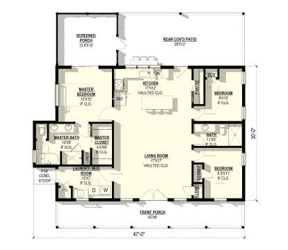 Main Floor: 3BR, 2BA, Vaulted Living/Kitchen, Ldry/Mud, Pantry, WIC. Screened Porch, Rear Cov'd Patio, Front Porch, Stoop. House Plan # 3822-00043 Main Floor  Floor Plan Drawing by America's Best House Plans, Inc.